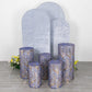 Set of 5 royal blue wave mesh pedestal stand covers with sequins.