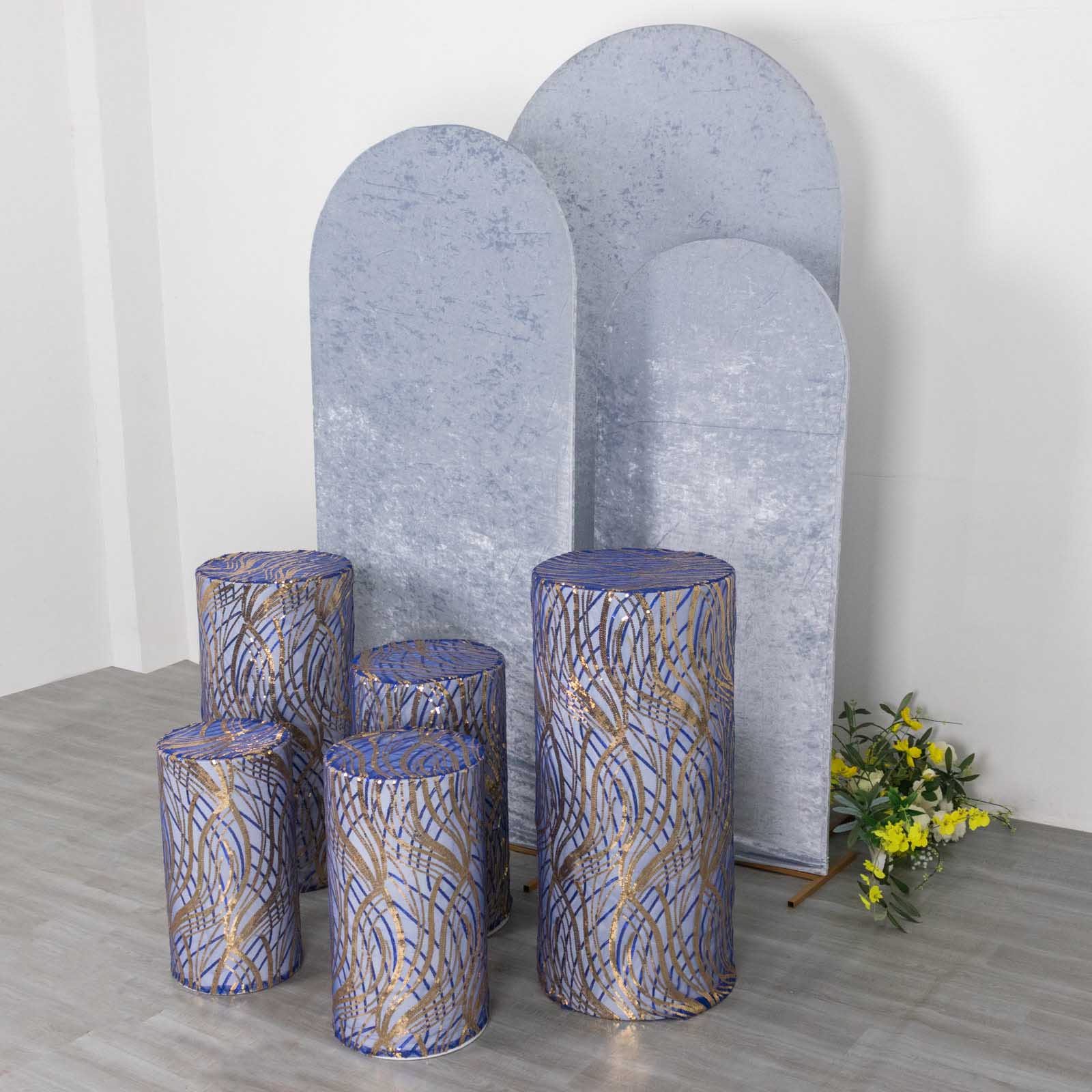 Royal blue wave mesh cylinder pedestal stand covers with embroidered sequins.