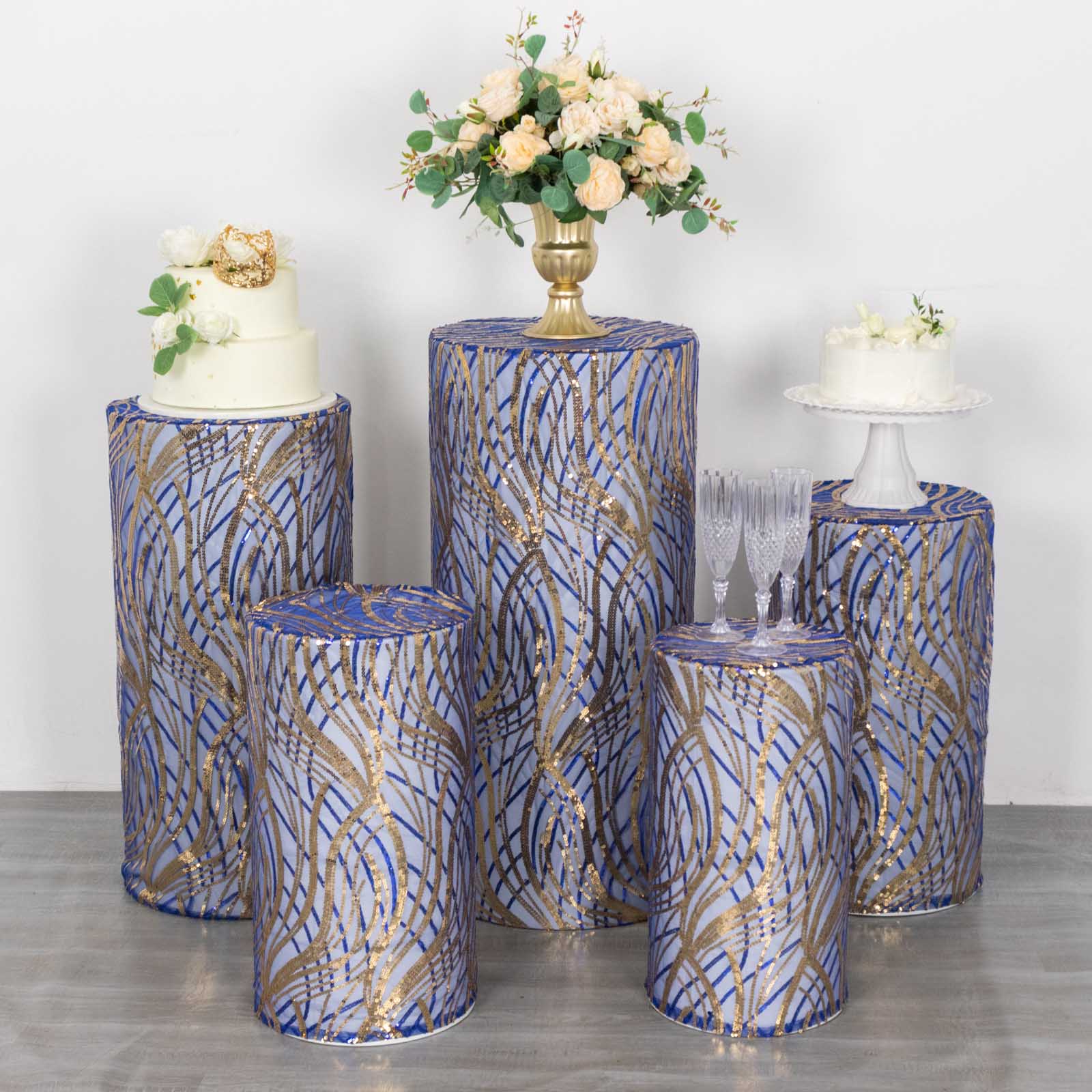 Royal blue wave mesh pedestal stand covers with embroidered sequins.