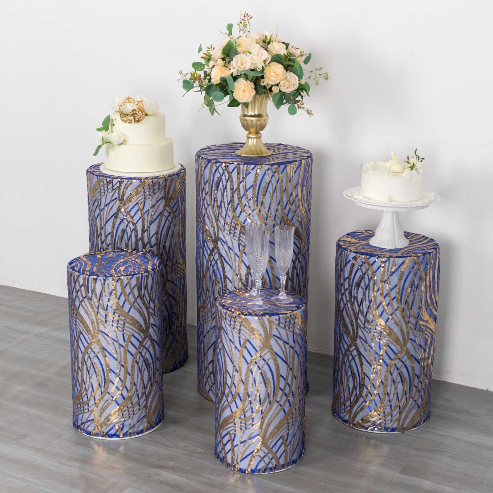Royal blue wave mesh pedestal stand covers with embroidered sequins.