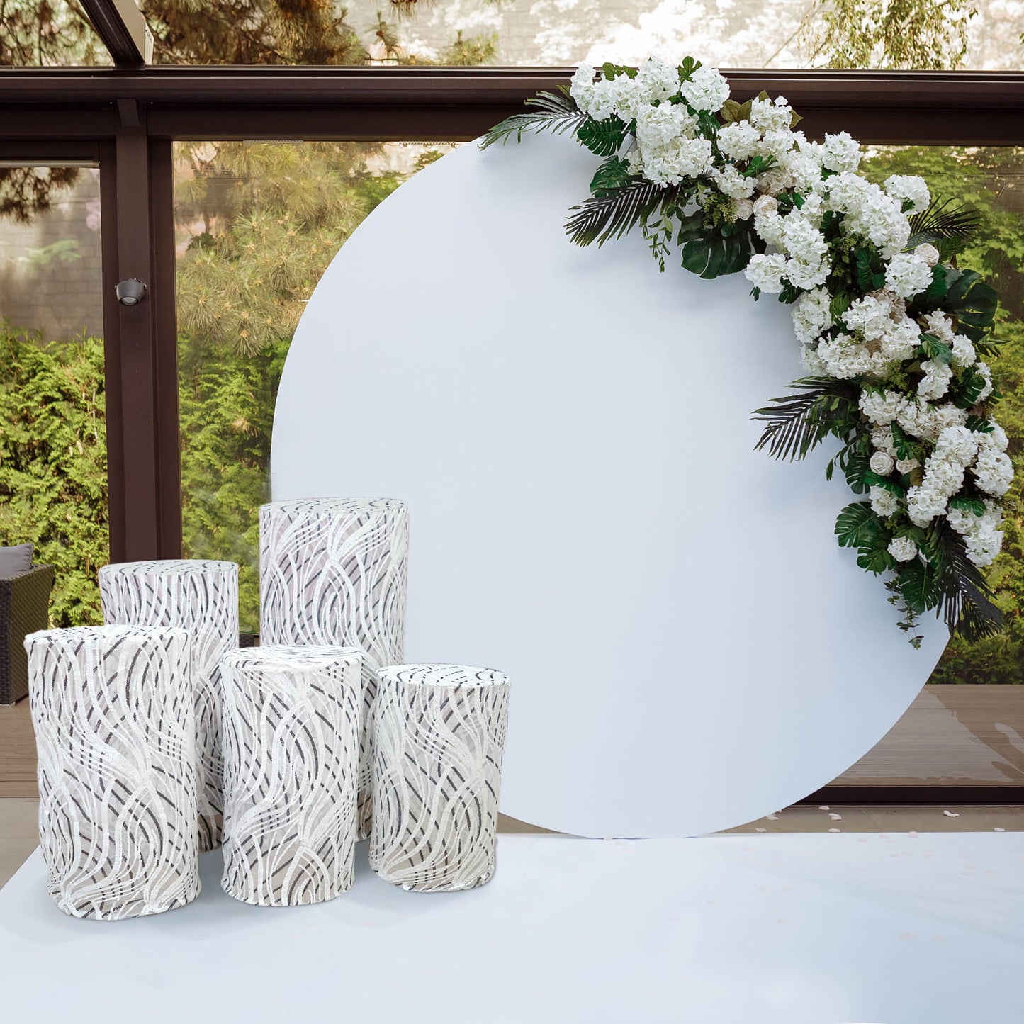 Set of 5 White Wave Mesh Cylinder Pedestal Stand Covers with Embroidered Sequins, Pillar Prop Covers - 160 GSM