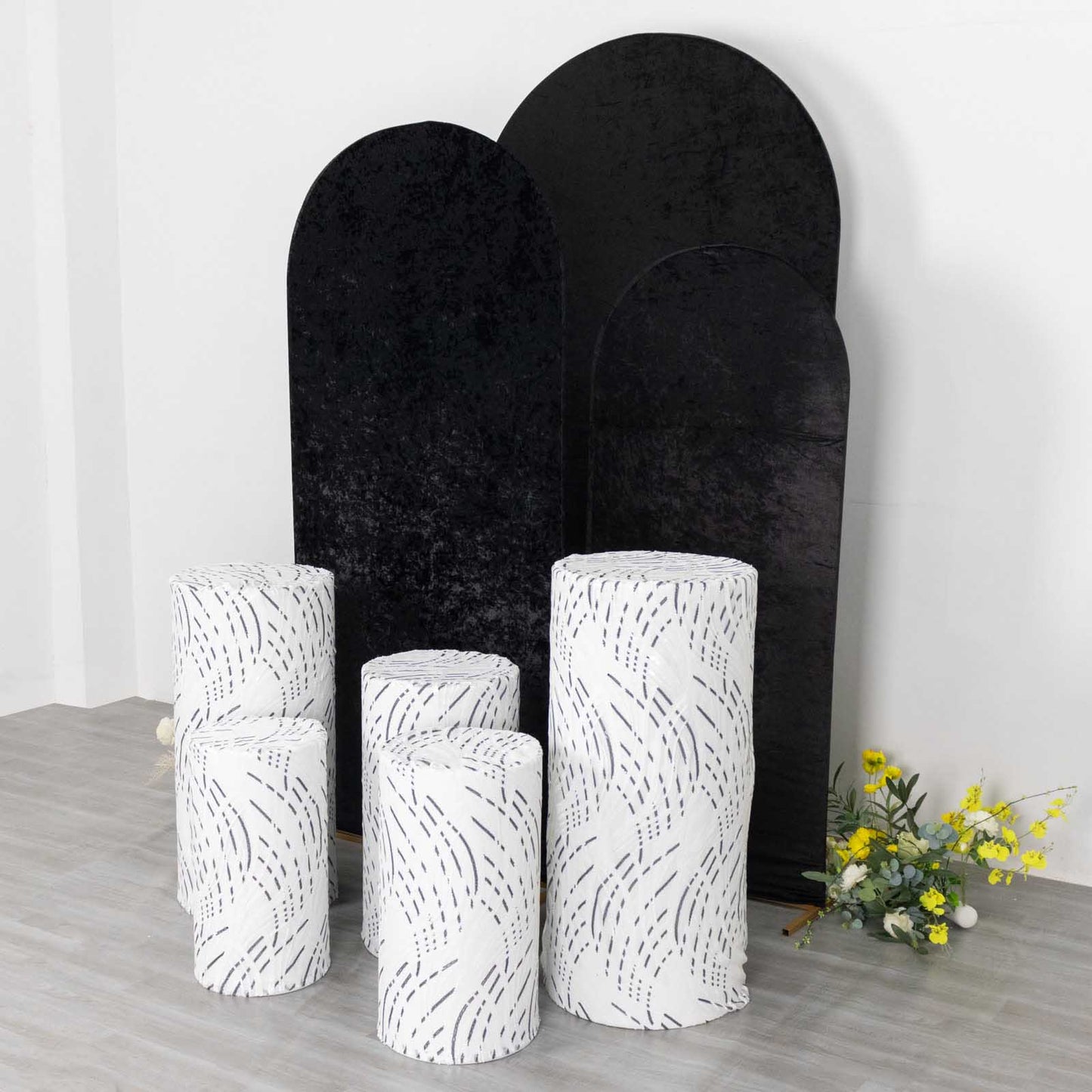 Set of 5 White Wave Mesh Cylinder Pedestal Stand Covers with Embroidered Sequins, Pillar Prop Covers - 160 GSM