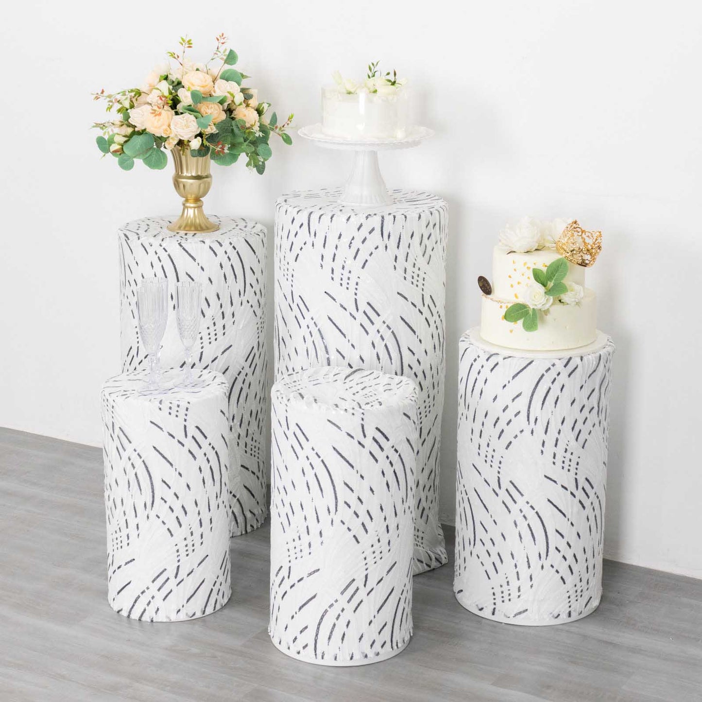 Set of 5 White Wave Mesh Cylinder Pedestal Stand Covers with Embroidered Sequins, Pillar Prop Covers - 160 GSM