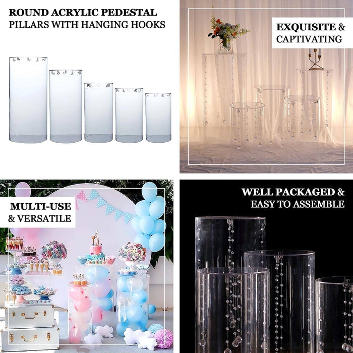 Clear acrylic pedestal stands for cake and dessert displays.