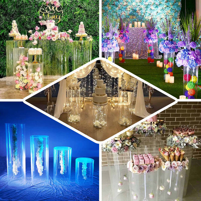 Clear acrylic cylinder pedestal stands for wedding and dessert display.