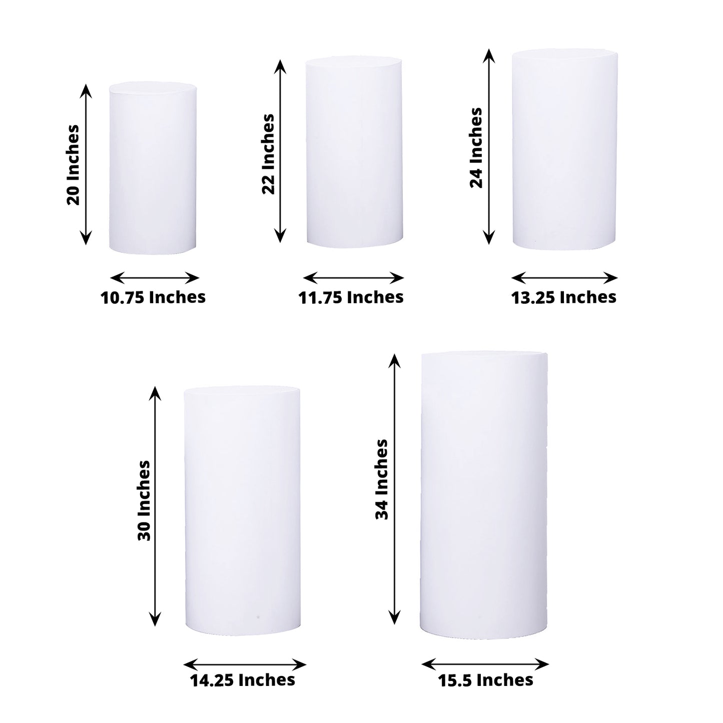 Set of 5 White Metal Cylinder Pillar Prop Stands For Wedding Aisle, Round Plinth Pedestal Display Boxes - 20", 22", 24", 30", 34"