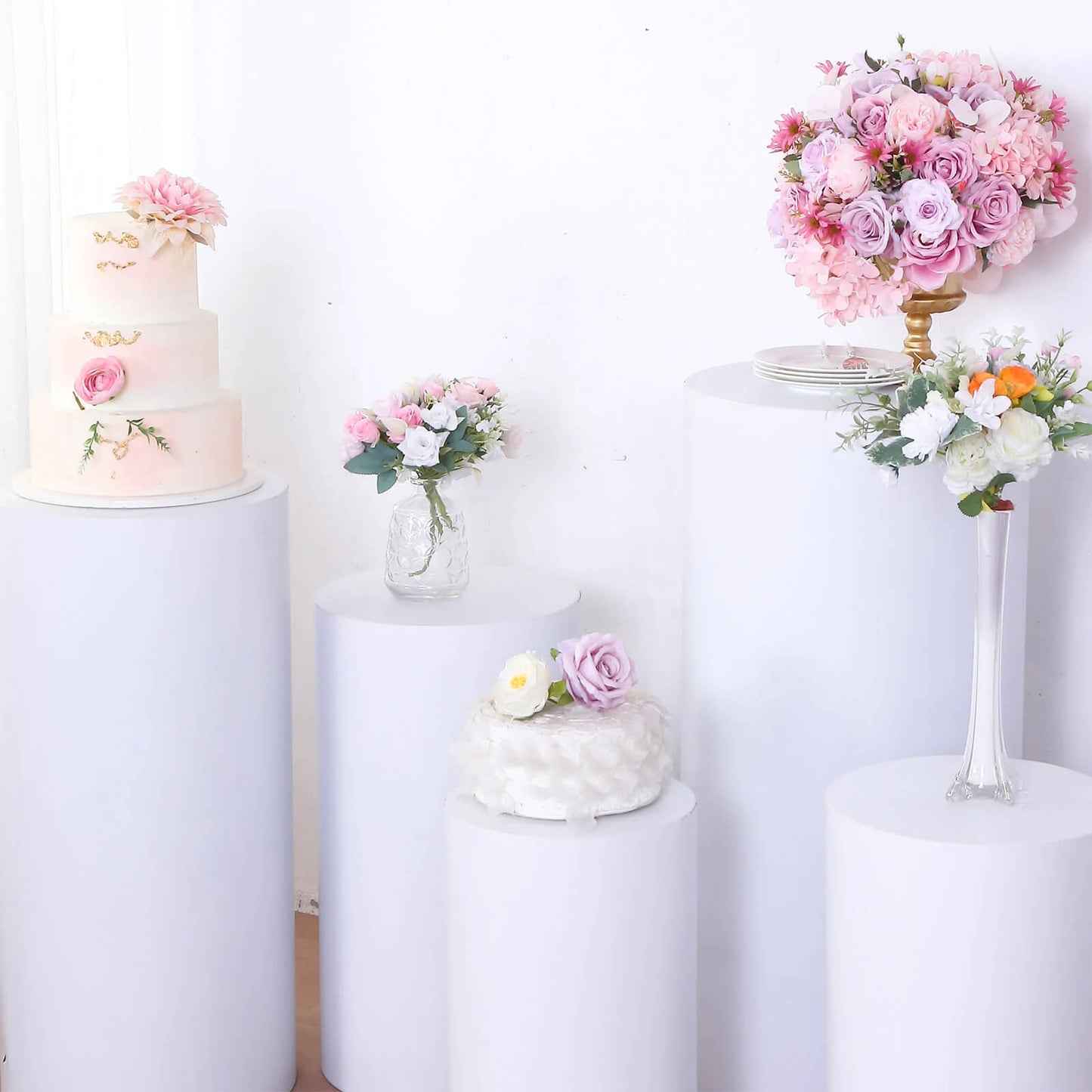 Set of 5 White Metal Cylinder Pillar Prop Stands For Wedding Aisle, Round Plinth Pedestal Display Boxes - 20", 22", 24", 30", 34"