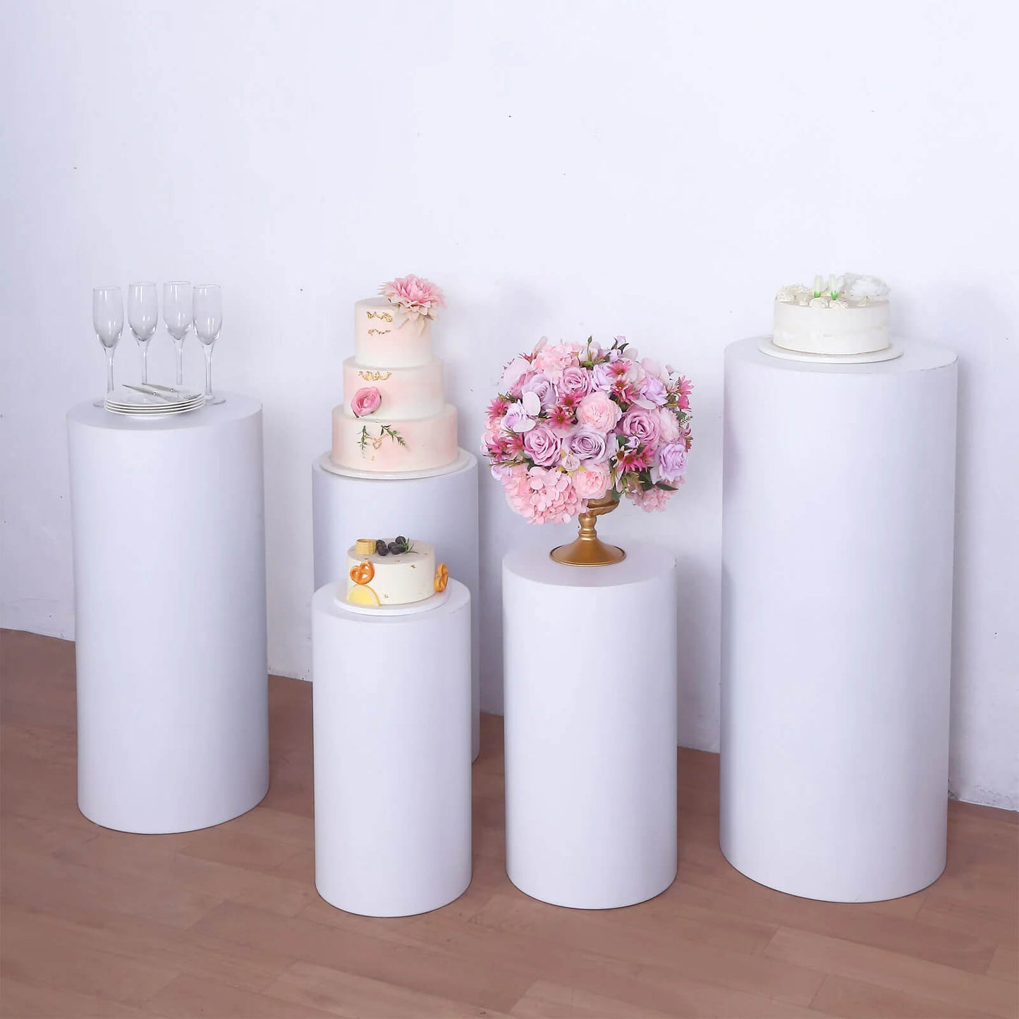 Set of 5 White Metal Cylinder Pillar Prop Stands For Wedding Aisle, Round Plinth Pedestal Display Boxes - 20", 22", 24", 30", 34"