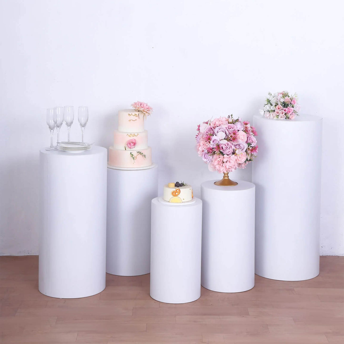 Set of 5 White Metal Cylinder Pillar Prop Stands For Wedding Aisle, Round Plinth Pedestal Display Boxes - 20", 22", 24", 30", 34"