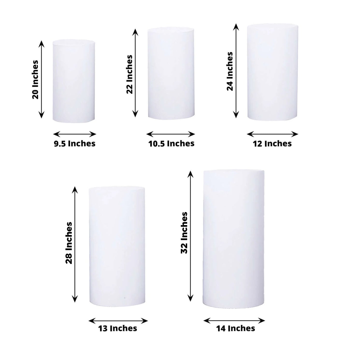 White metal cylinder pillar stands for wedding aisle display, sizes 20" to 32".