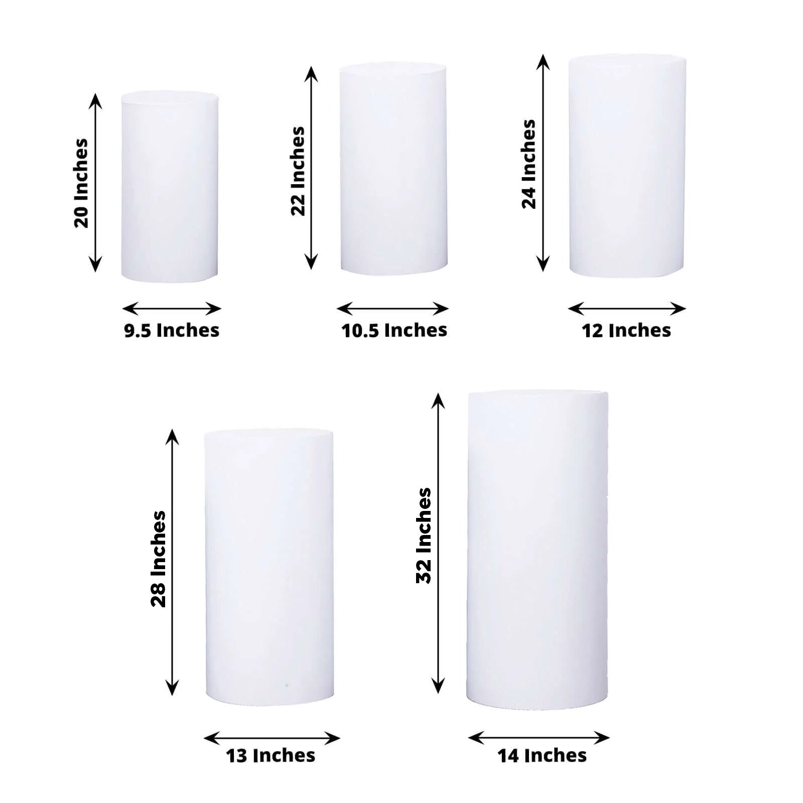 White metal cylinder pillar stands for wedding aisle display, sizes 20" to 32".