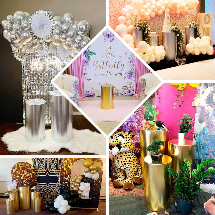 Metallic silver pedestal stand covers for event decoration.
