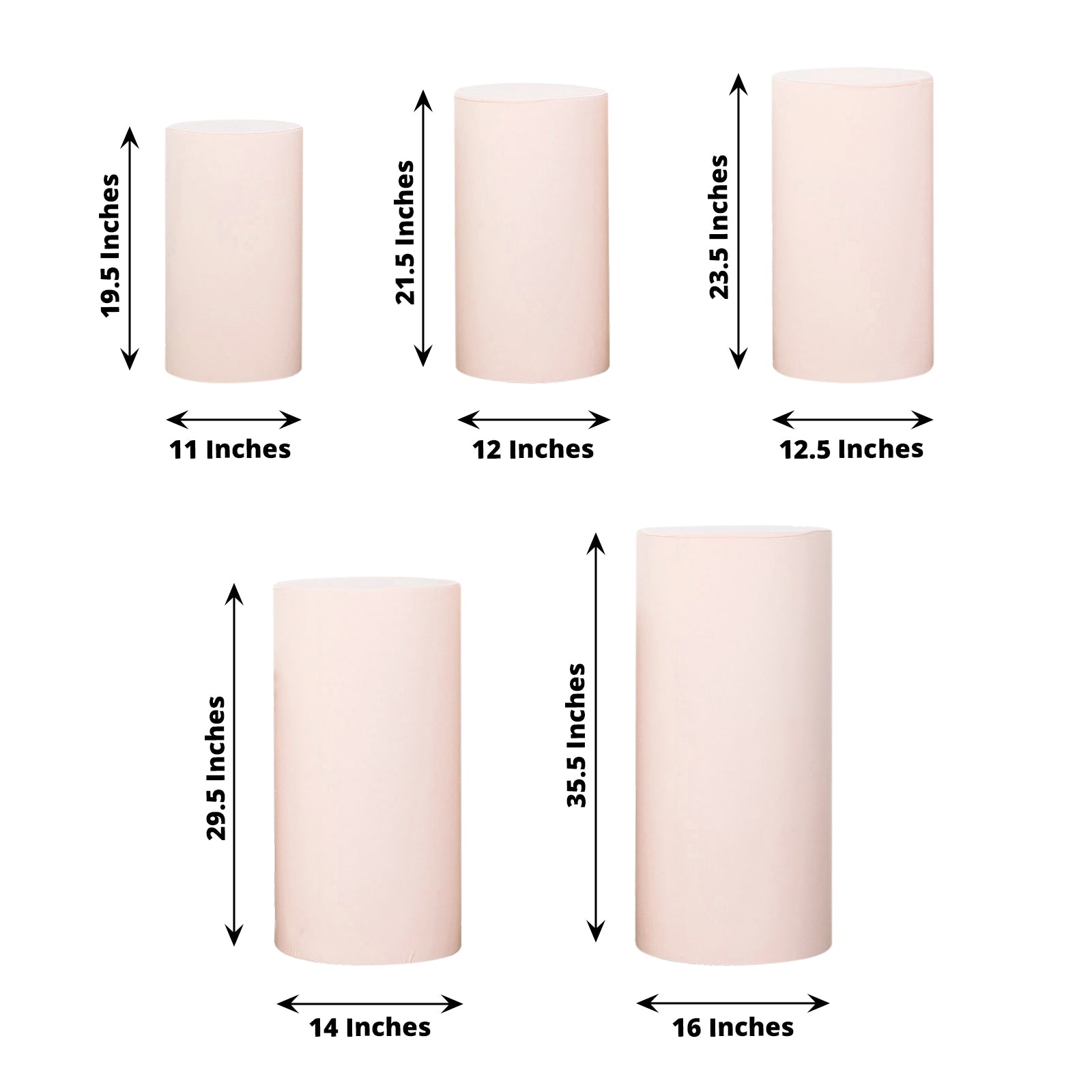 Blush spandex pedestal stand covers in various sizes.