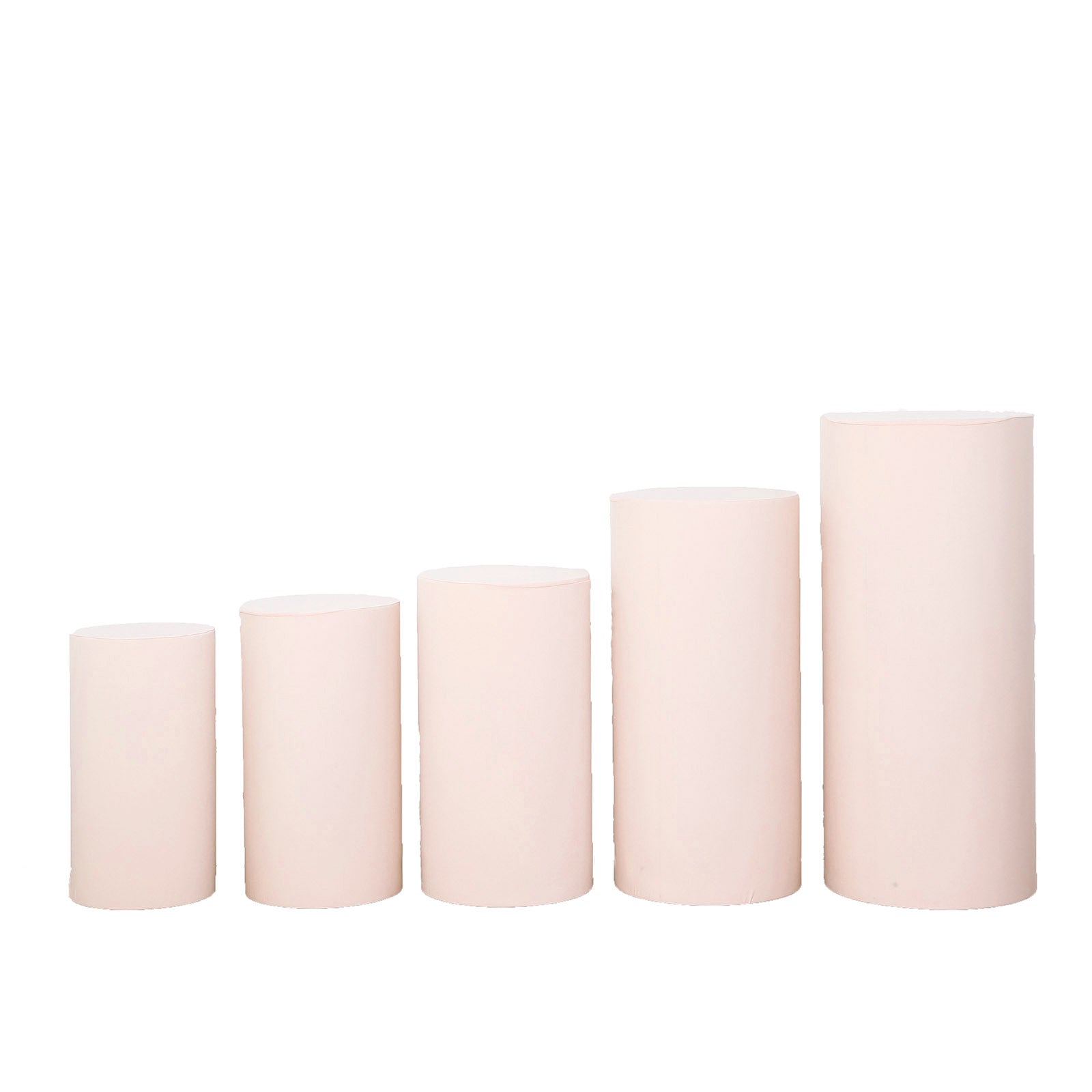 Blush spandex pedestal stand covers in a set of five.