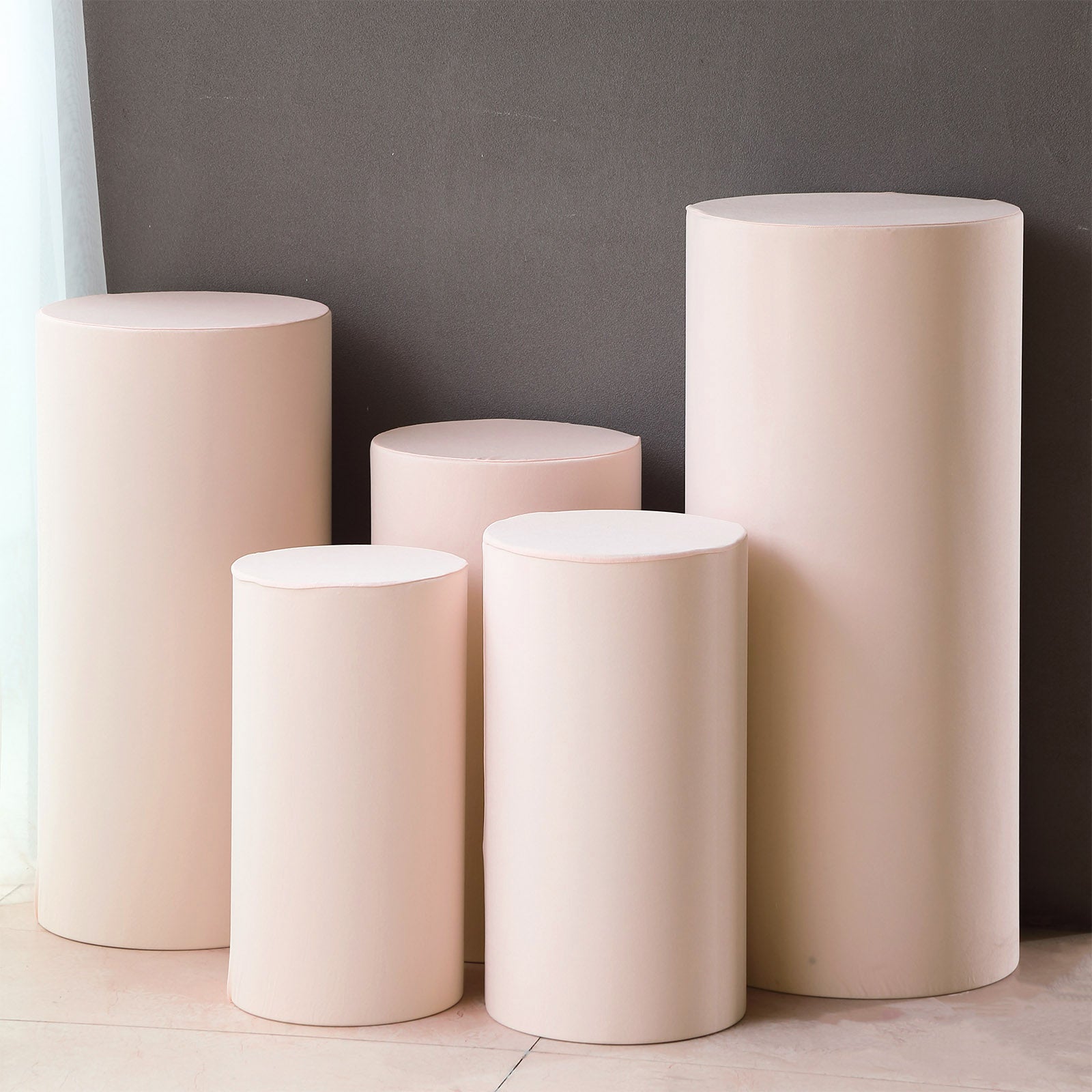Blush spandex cylinder pedestal stand covers set of 5.