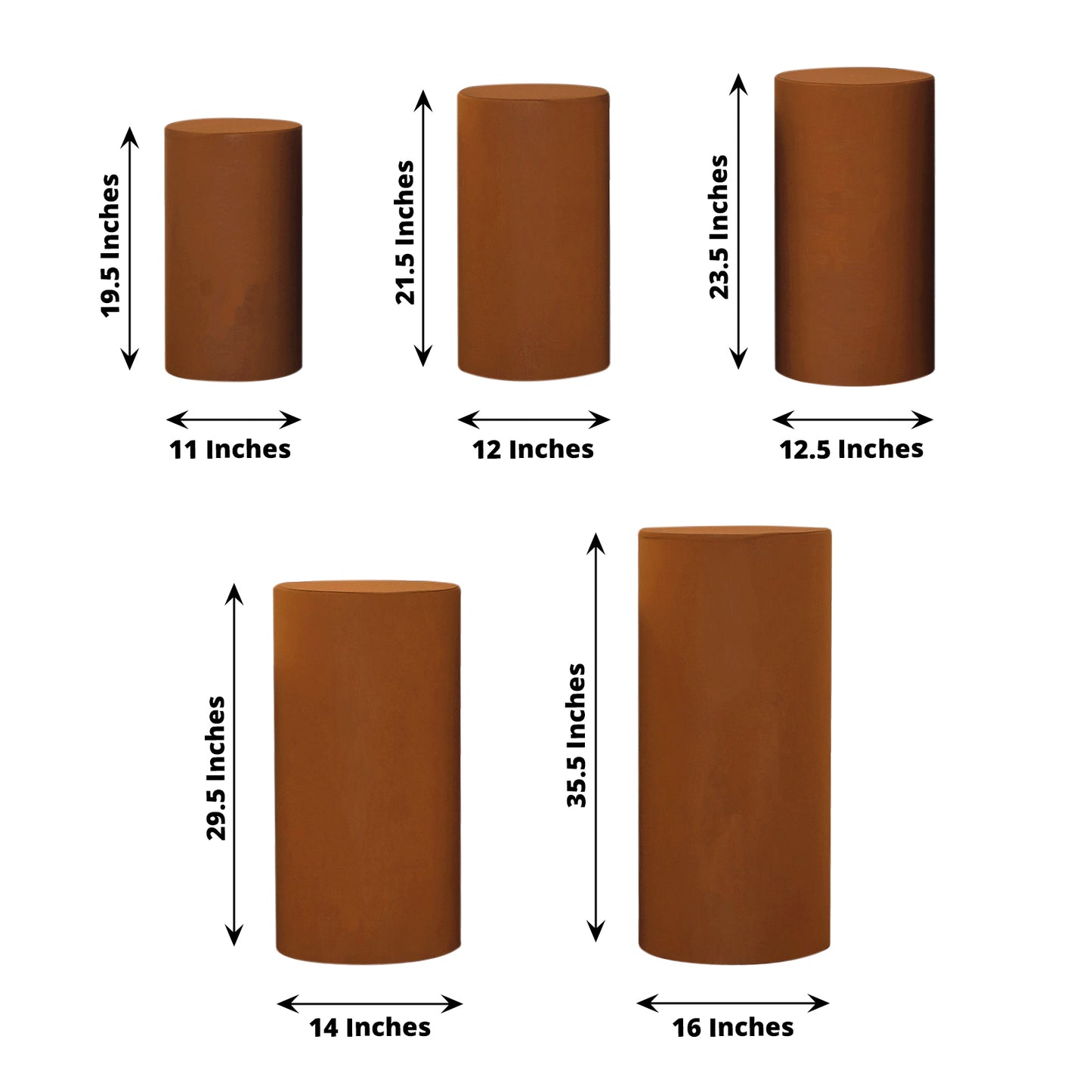 Cinnamon brown spandex pedestal stand cover set in various sizes.