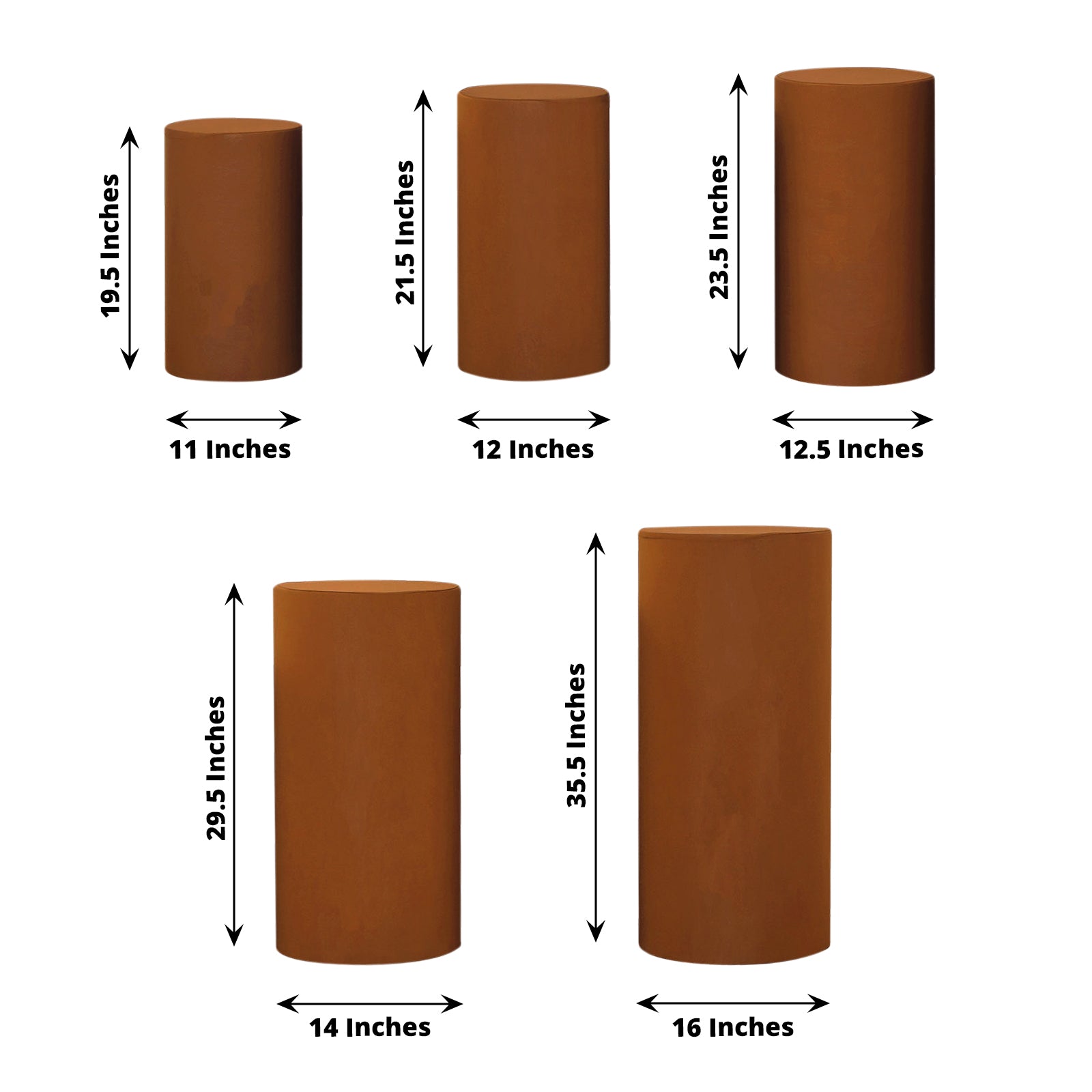 Cinnamon brown spandex pedestal stand cover set in various sizes.