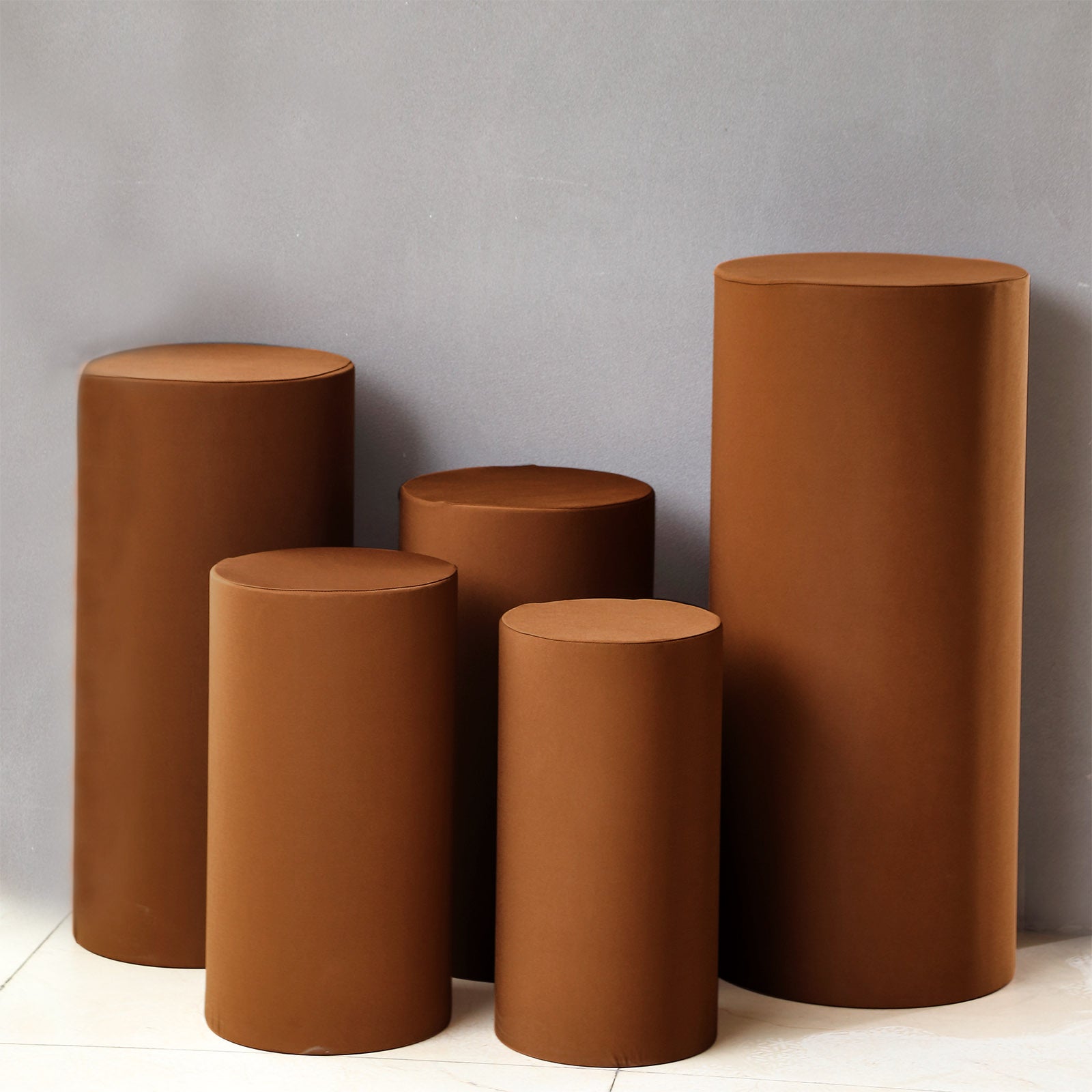 Cinnamon brown spandex cylinder pedestal stand covers set of 5.
