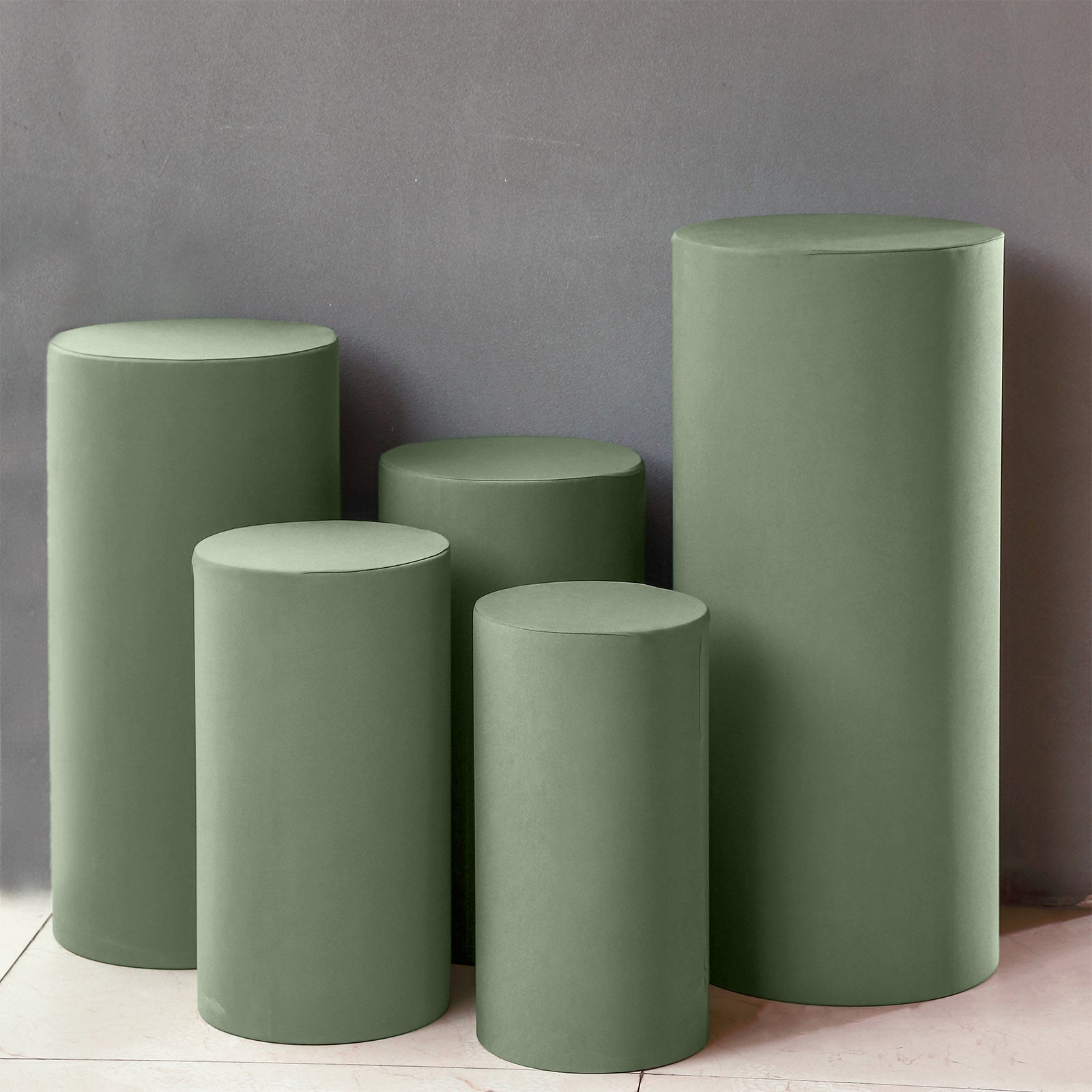 Dusty sage green spandex pedestal stand covers, set of 5.
