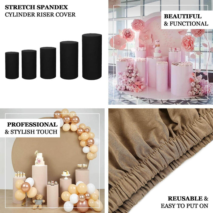 Set of 5 black stretchable pedestal stand covers for events.