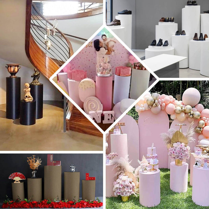 Set of 5 rust spandex pedestal stand covers for events and displays.