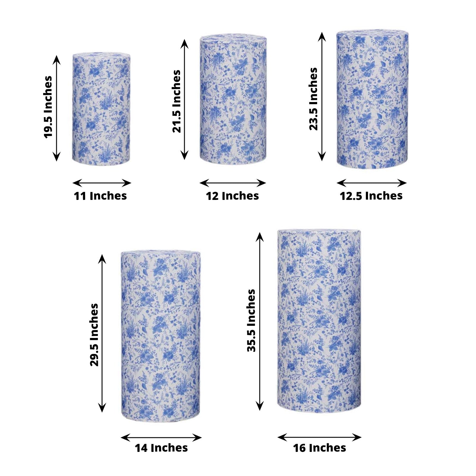 Set of 5 stretchable white and blue floral pedestal stand covers.