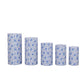 White and blue spandex pedestal stand covers in French toile floral pattern.