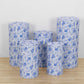 Set of 5 stretchable blue floral pedestal stand covers.
