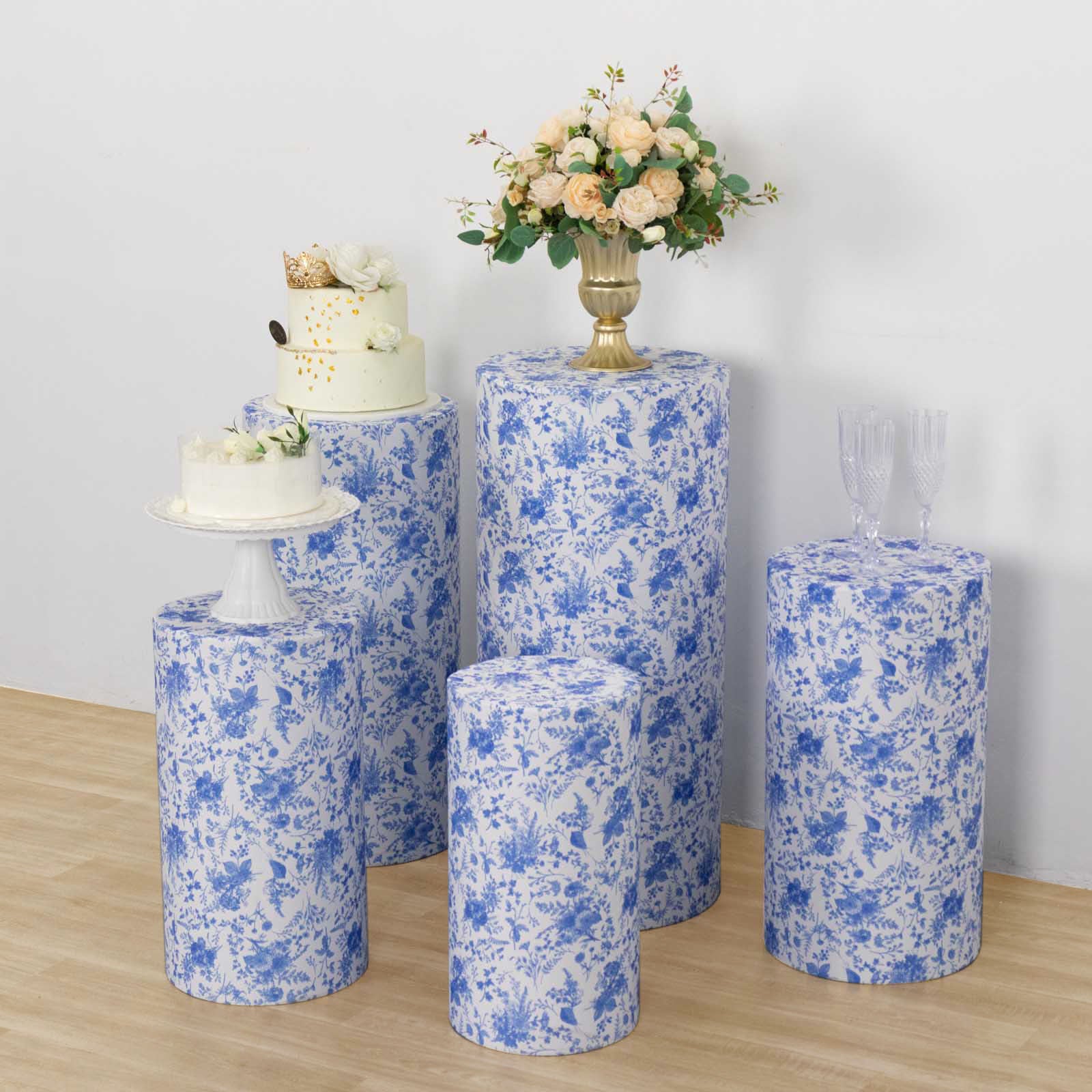 White Blue Spandex Cylinder Pedestal Stand Covers in French Toile Floral Pattern