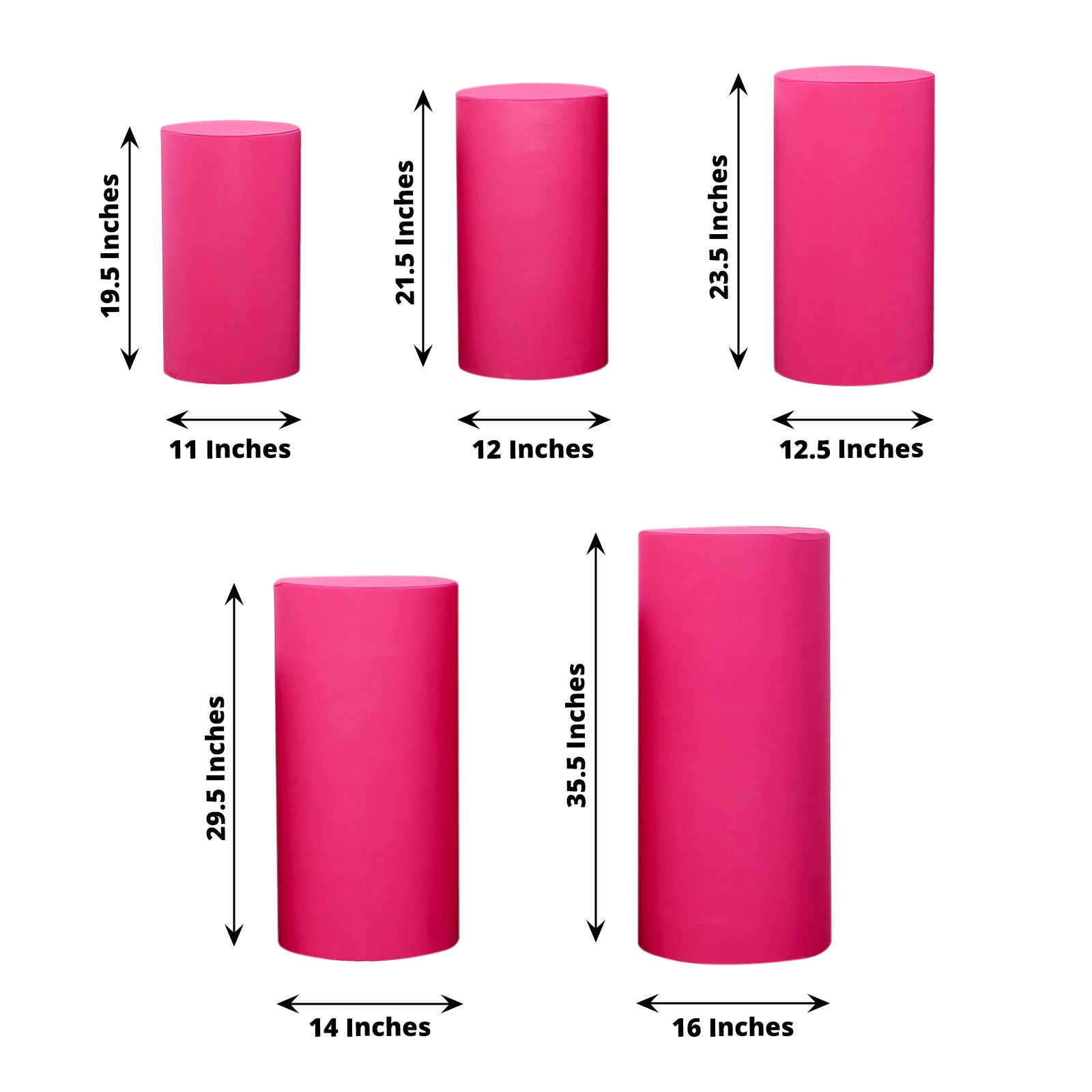 Set of 5 fuchsia spandex pedestal stand covers, stretchable and durable.