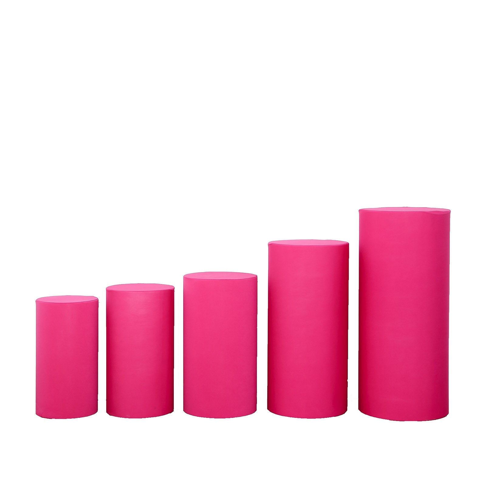 Fuchsia spandex pedestal stand covers in a set of five.