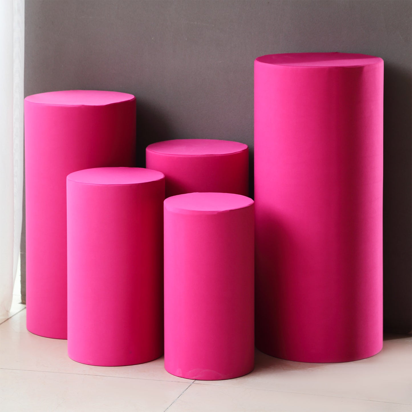 Fuchsia spandex pedestal stand covers, set of 5, stretchable and stylish.