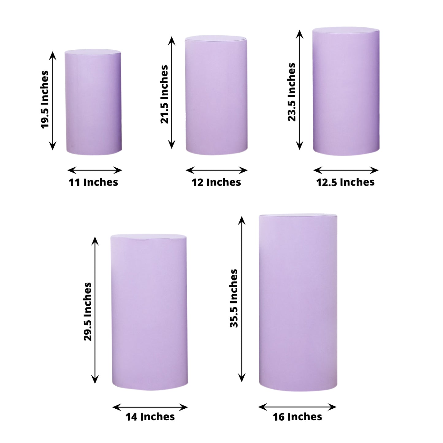 Lavender spandex pedestal stand covers in various sizes.