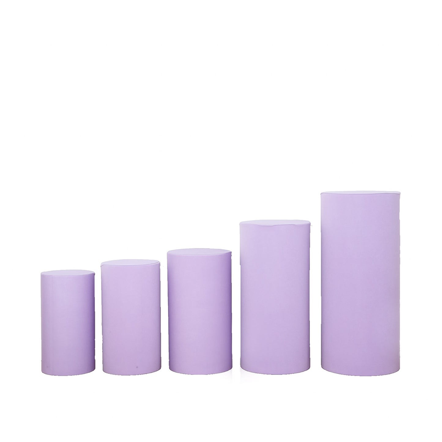 Set of 5 lavender spandex pedestal stand covers in various sizes.