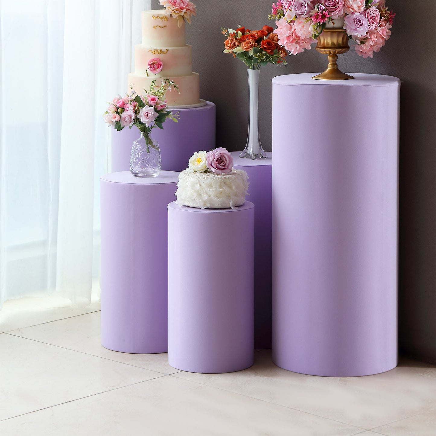 Lavender lilac stretchable pedestal stand covers set of 5.