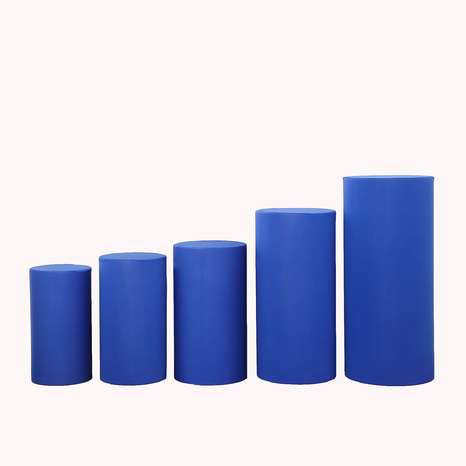 Royal blue spandex pedestal stand covers in a set of five.