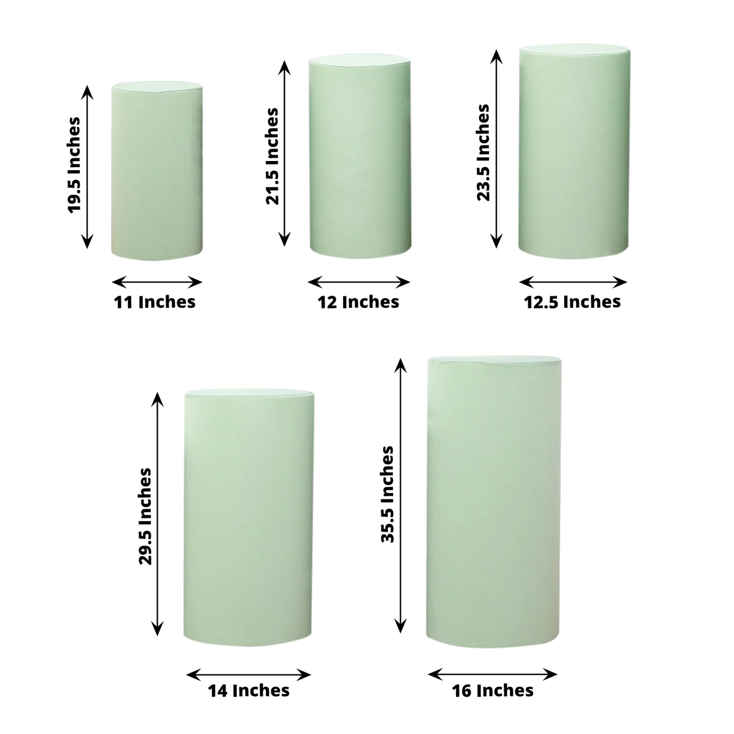 Sage green spandex pedestal stand covers in various sizes.