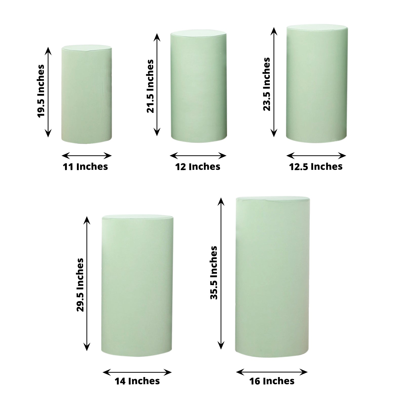 Sage green spandex pedestal stand covers in various sizes.