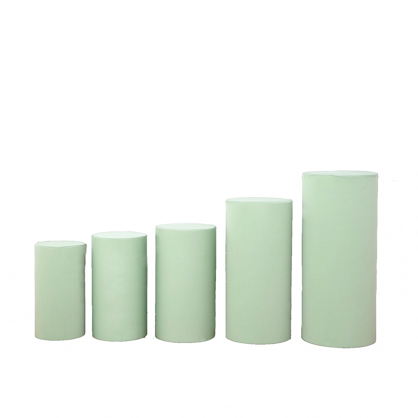 Sage green spandex pedestal stand covers in a set of five.
