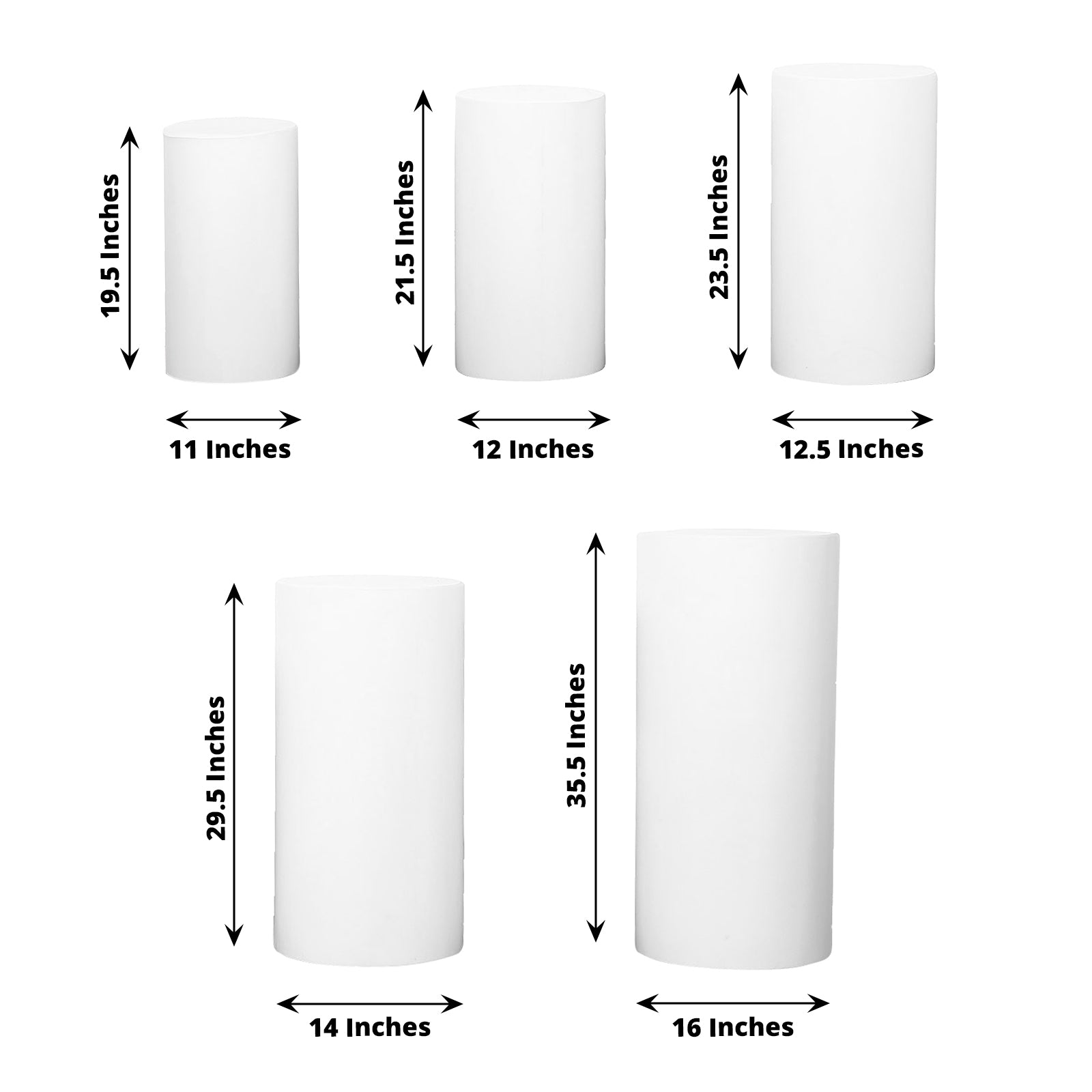 Set of 5 white spandex pedestal stand covers, stretchable and versatile.