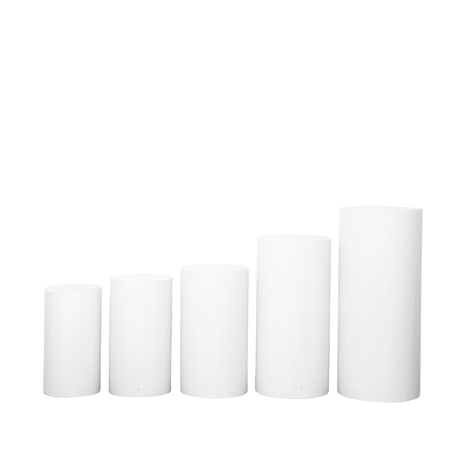 Set of 5 white spandex cylinder pedestal stand covers.