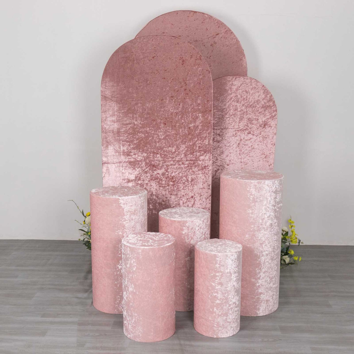 Blush crushed velvet cylinder pedestal stand covers set of 5.
