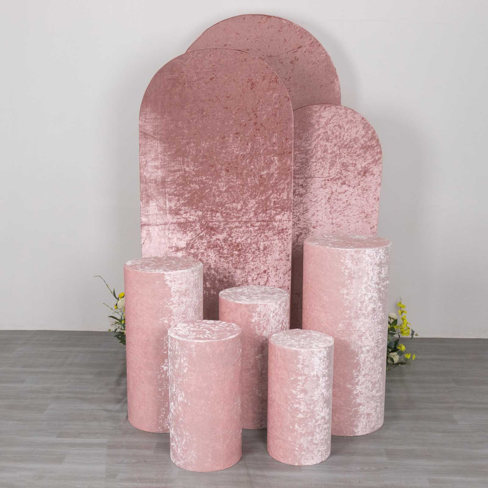 Blush crushed velvet cylinder pedestal stand covers set of 5.
