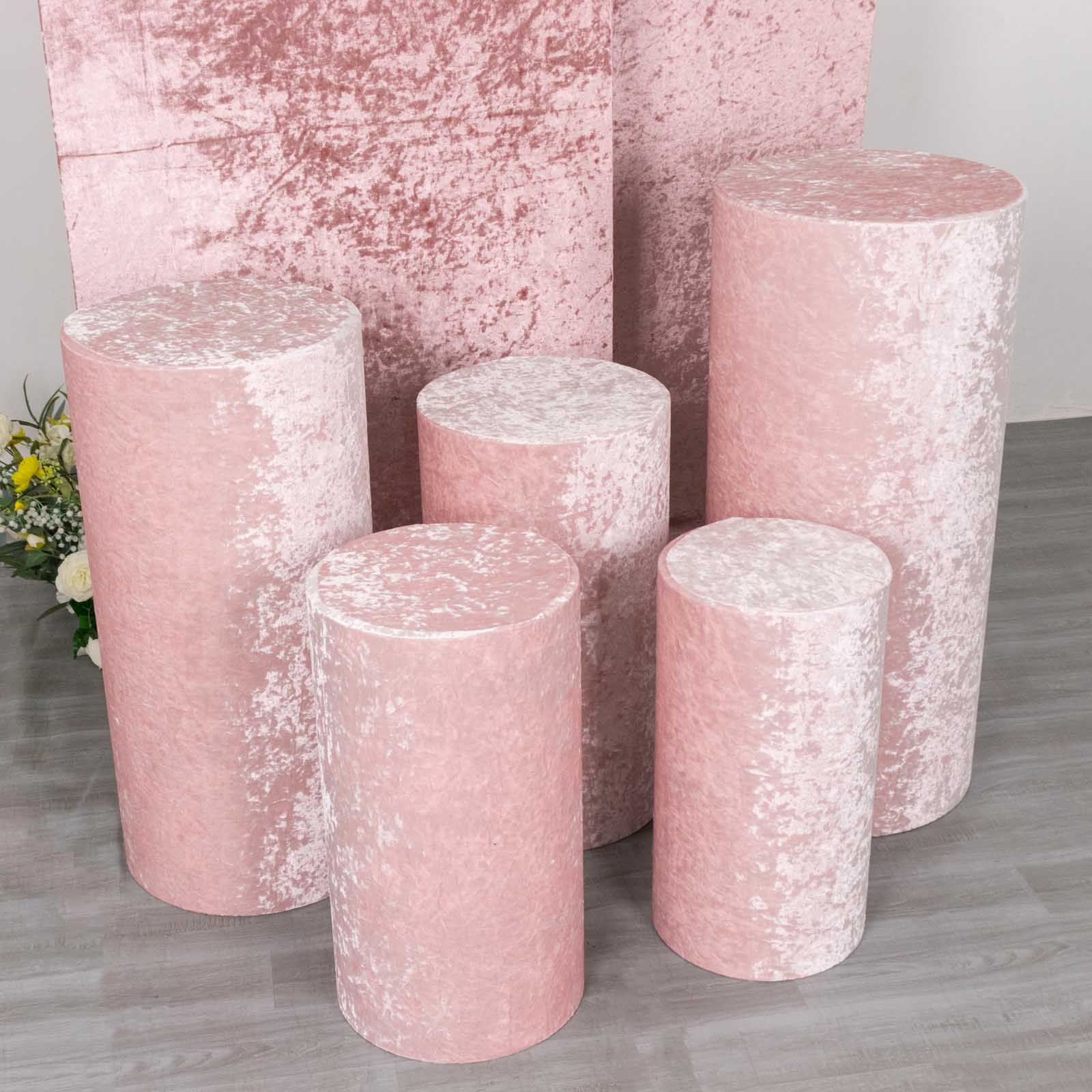 Blush crushed velvet cylinder pedestal stand covers set of 5.