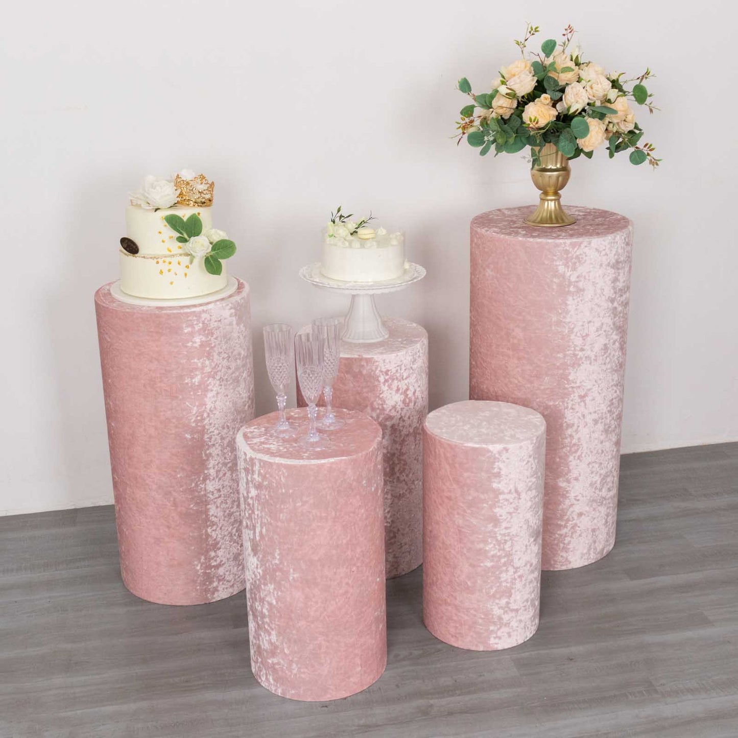 Blush crushed velvet pedestal stand covers set of 5