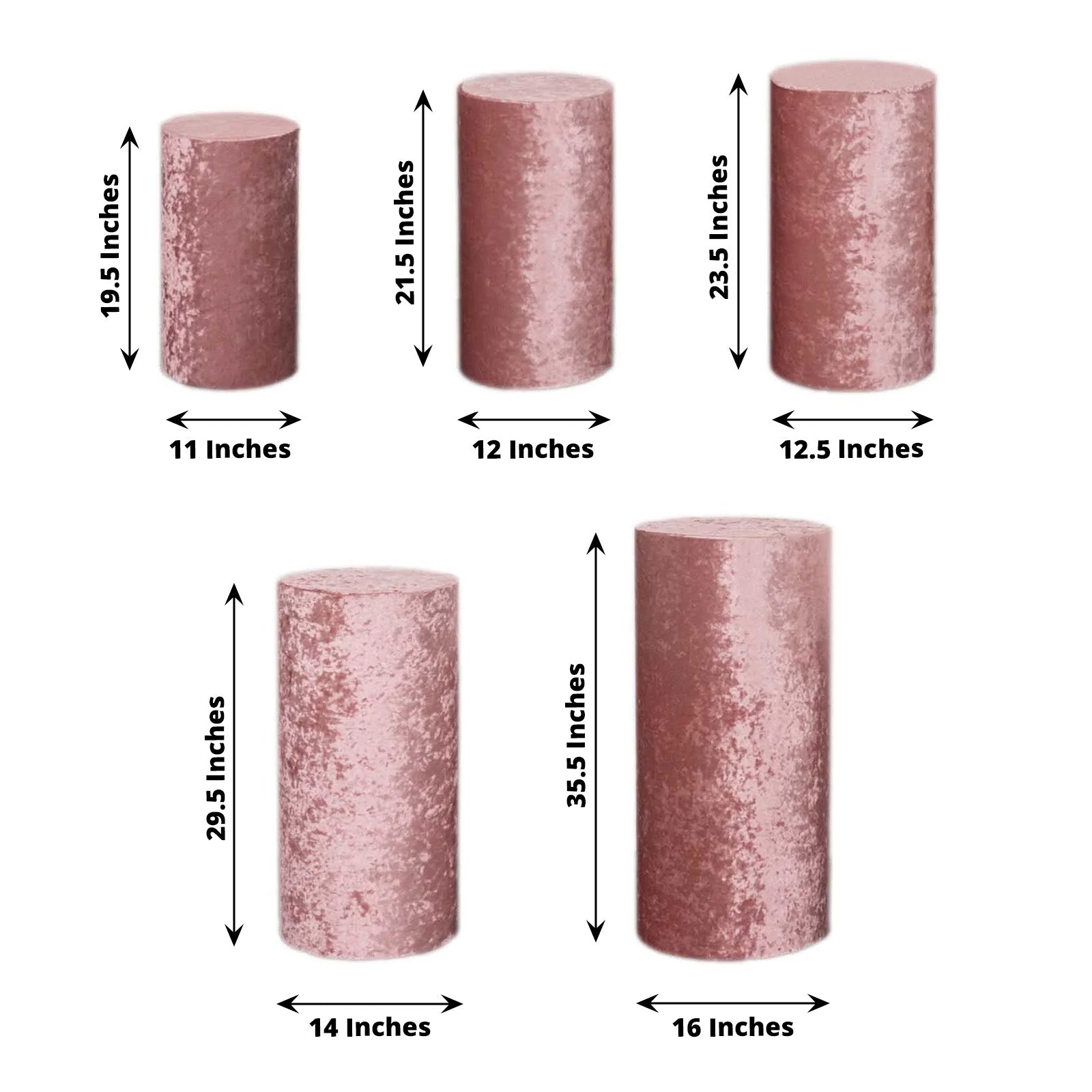 Dusty rose crushed velvet pedestal stand covers set of 5, various sizes.