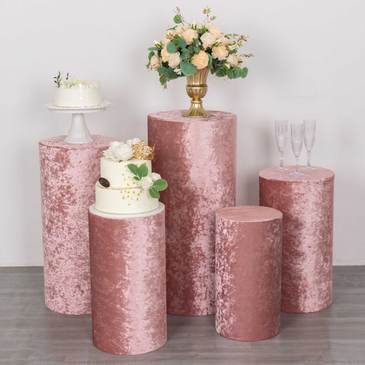 Dusty rose crushed velvet pedestal stand covers set of 5.