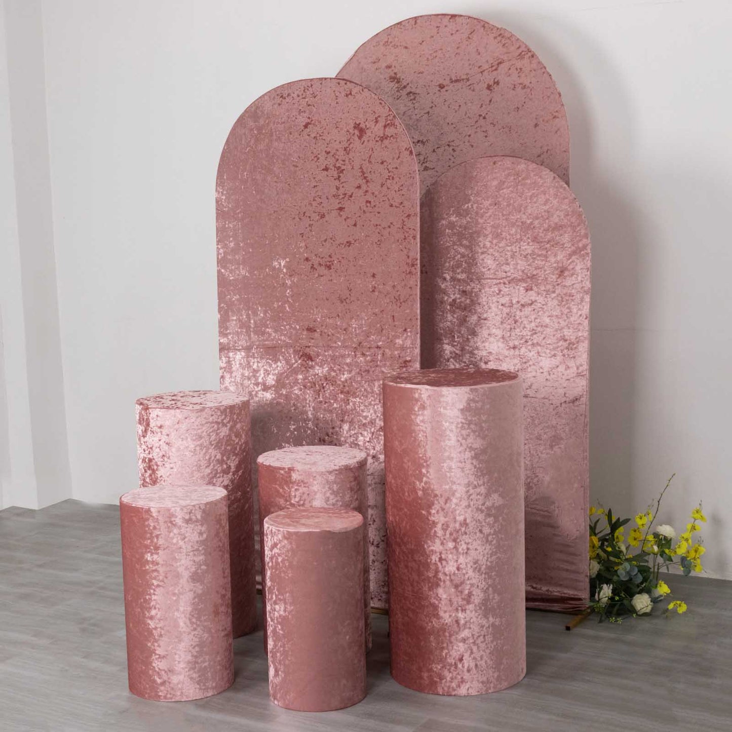 Dusty rose crushed velvet pedestal stand covers set of 5.