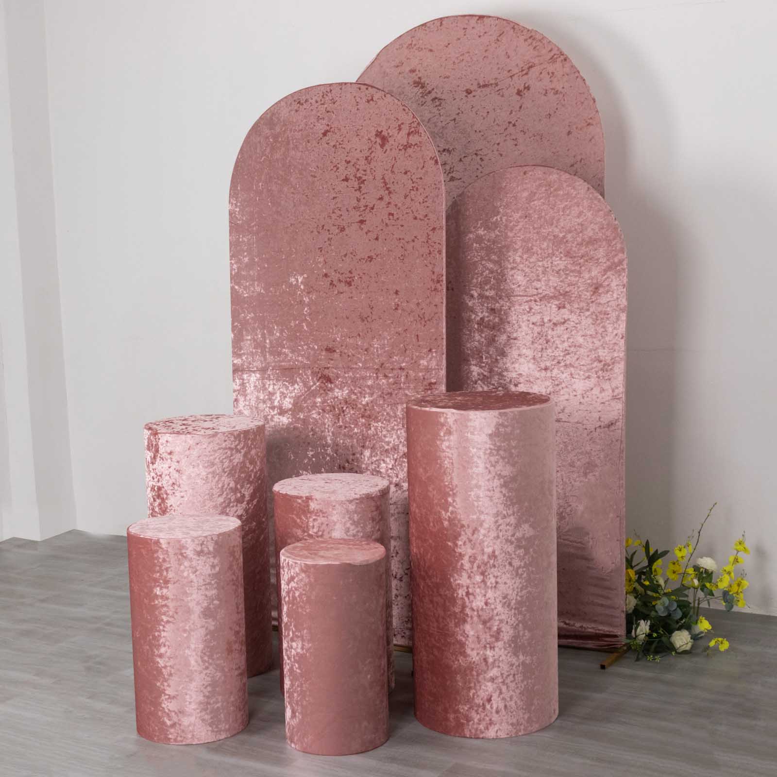 Dusty rose crushed velvet pedestal stand covers set of 5.