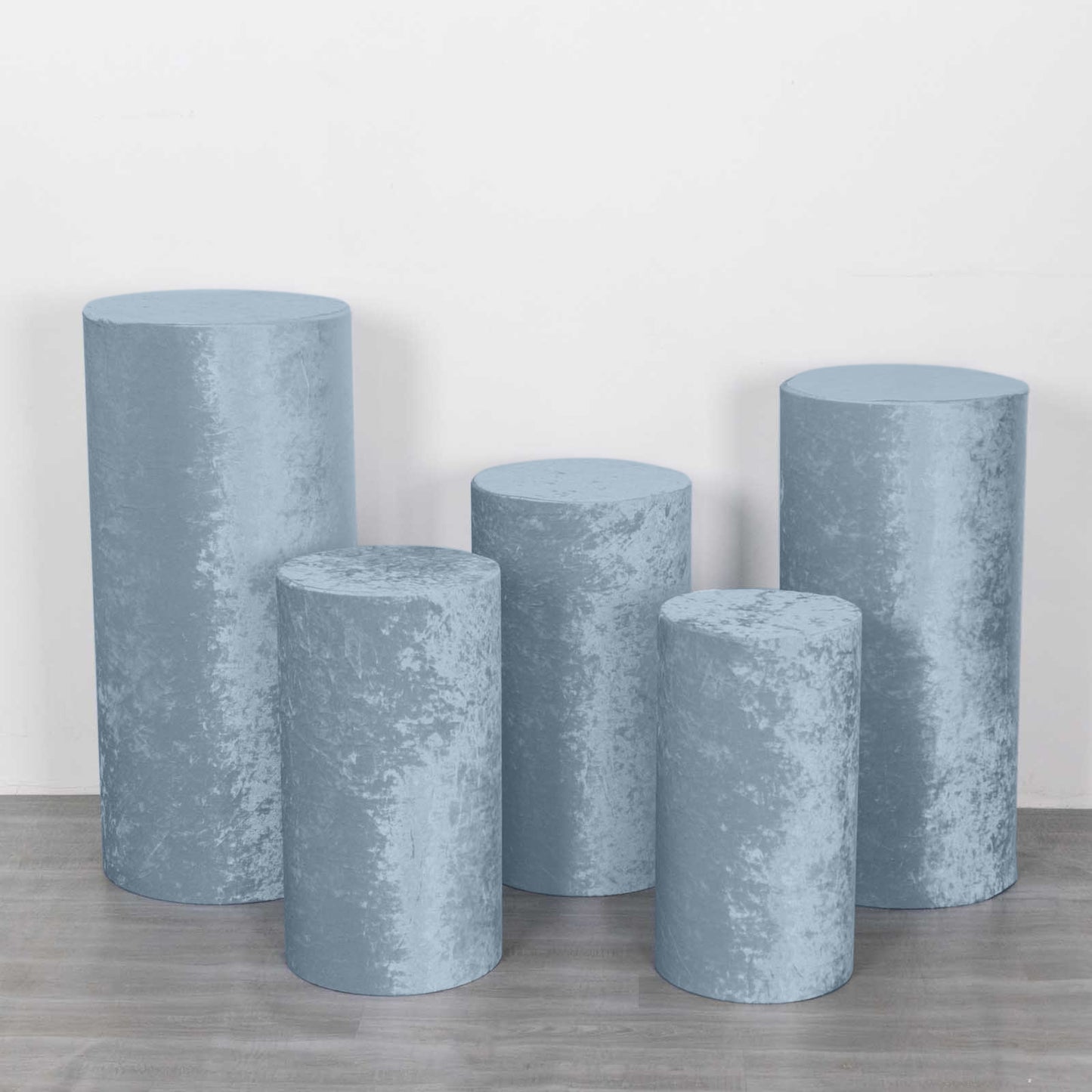 Dusty blue crushed velvet cylinder pedestal stand covers set of 5.